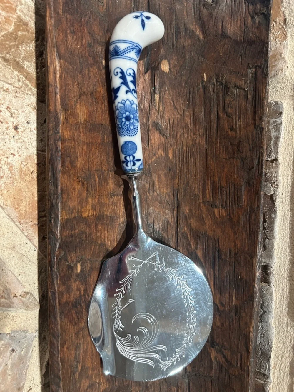 Vintage PS Co. Silver Plated Blue & White Floral Porcelain Handle Cake Server